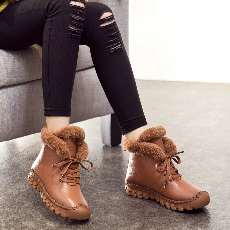 

Women Boots Genuine Leather Flat Ankle Boots Winter Warm Ladies Shoes Woman Snow Boots Plus Size fgb6