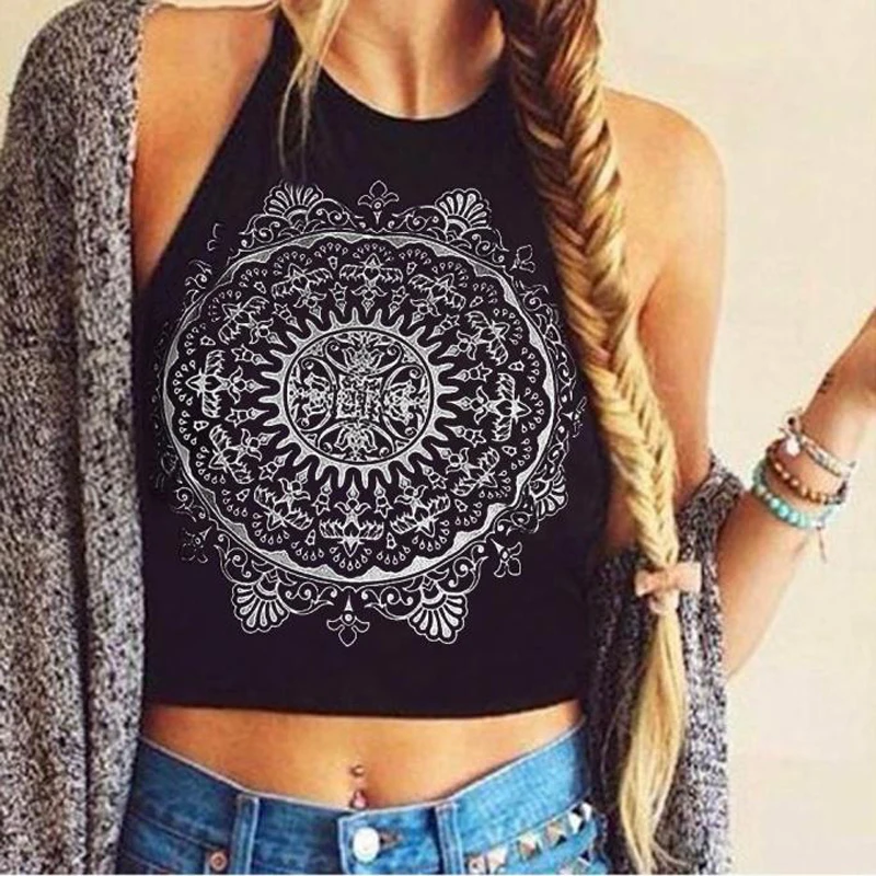 

Fashion White/Black Women Backless Sexy Cropped Tops Mandala Printed Sleeveless Halter Neck Tank Crop Tops Vest T Shirt