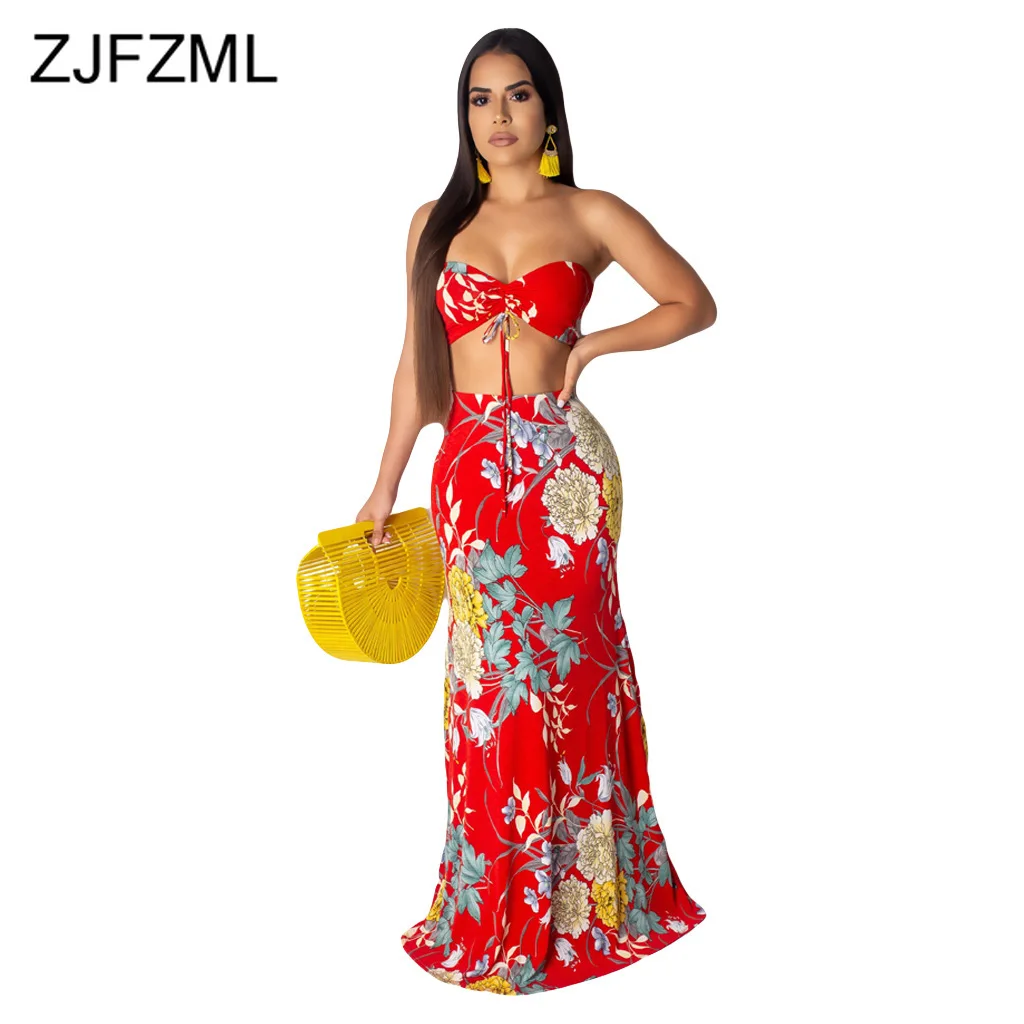 

Floral Print Sexy 2 Piece Matching Sets Women Summer Clothes Off Shoulder Backless Crop Top And Maxi Mermaid Dress Club Outfits