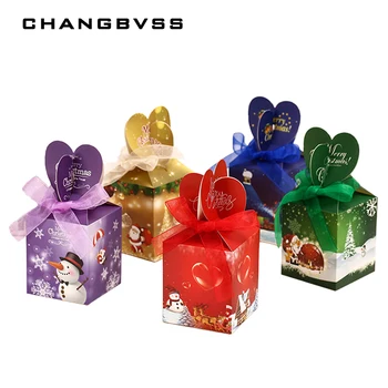 

Happy Christmas Bow Gift Box Cute Candy Chocolate Dessert Paper Boxes Christmas Apple Box Christmas Eve Gift Boxes 12pcs/lot