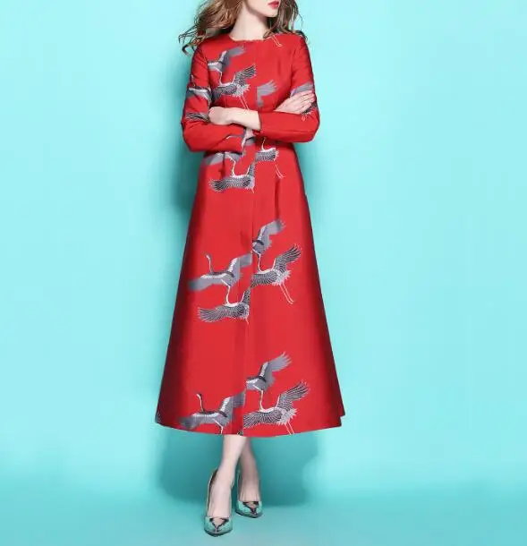1 S-4XL, год, длинный плащ, пальто для женщин, с круглым воротником, на пуговицах, с птицей, жаккард, с вышивкой, ветровка, верхняя одежда, пальто - Цвет: 1