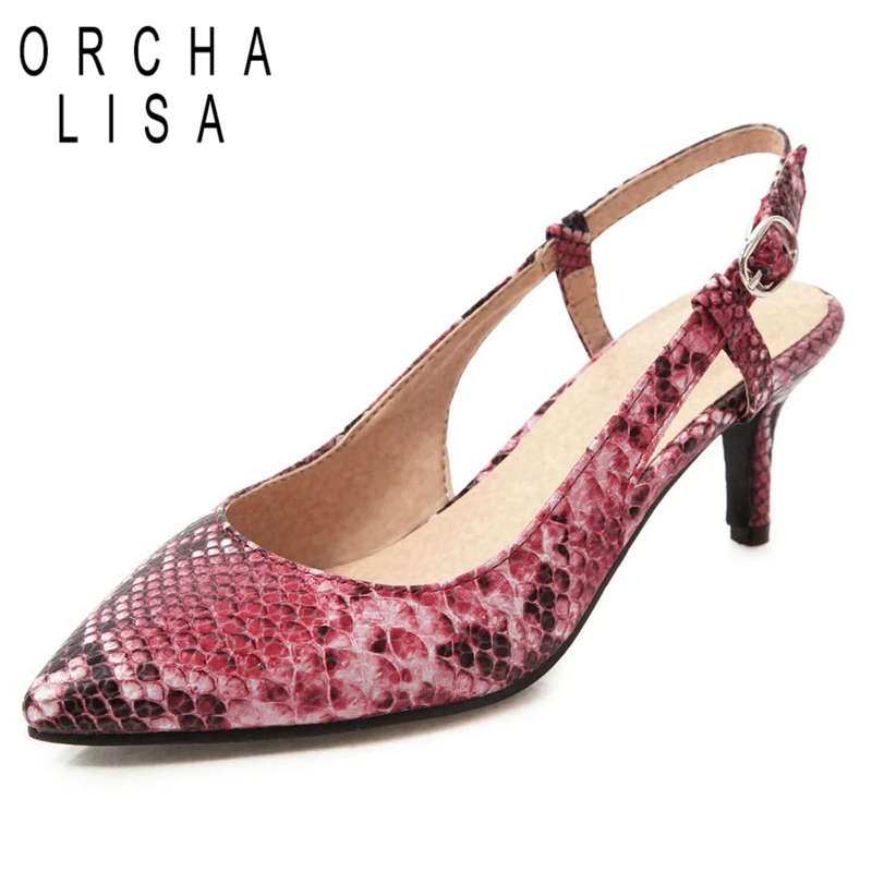 

ORCHA LISA Women's pumps Mid thin heels Pointed toe Buckle Shallow Crocodile pattern Spring Summer White Red Blue Big size C1227