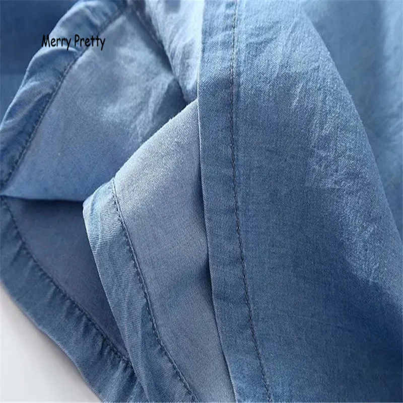 Женская джинсовая юбка с оборками Merry Pretty голубая повседневная из тенсела поясом