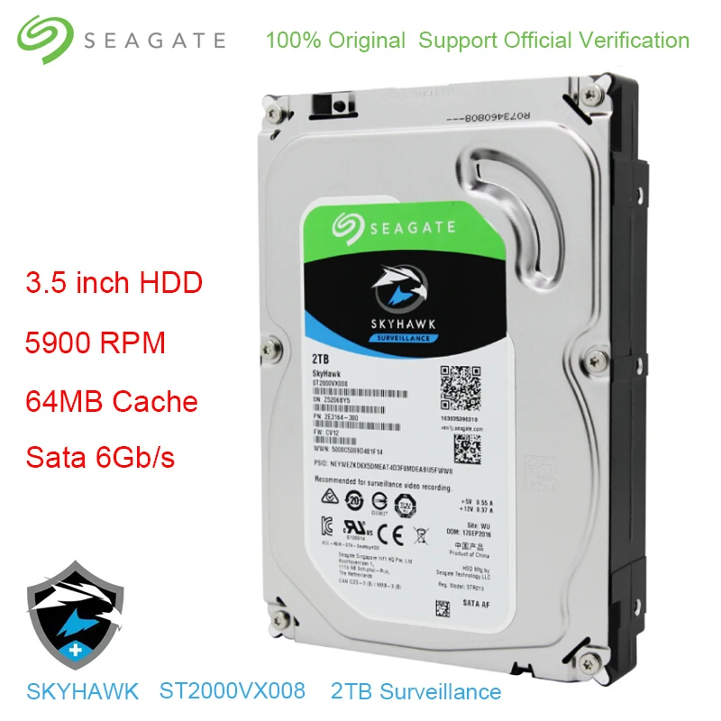 

Original Seagate Internal HDD 2TB Skyhawk Video Surveillance Hard Drive Disk 3.5" 5900 RPM SATA 6Gb/s 64MB Cache ST2000VX008