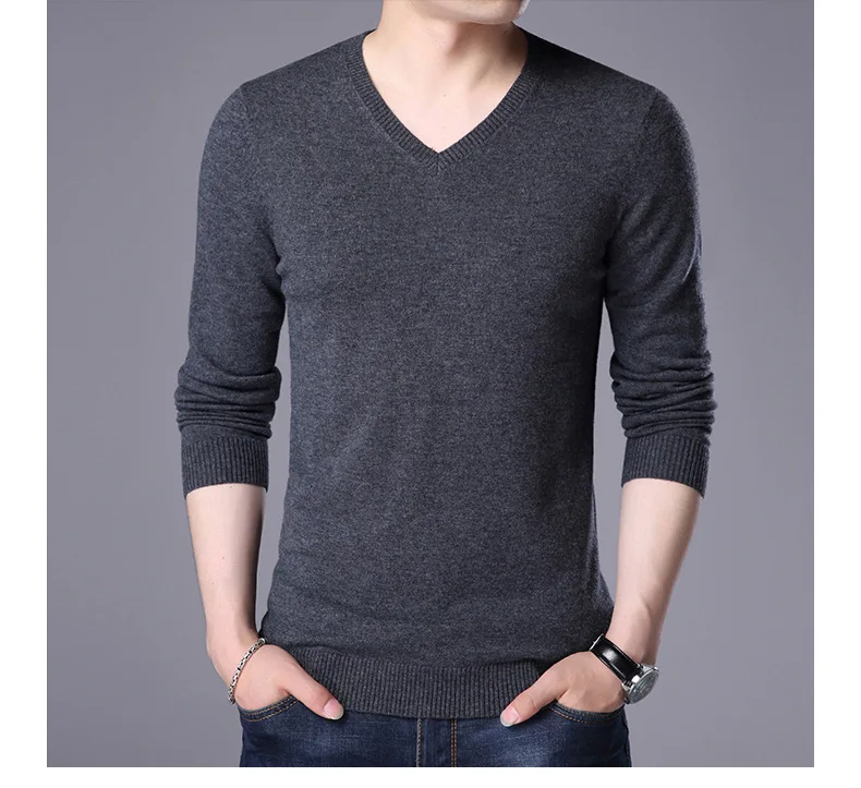 autumn and winter new long-sleeved men's sweater Slim solid color V-neck men's clothing