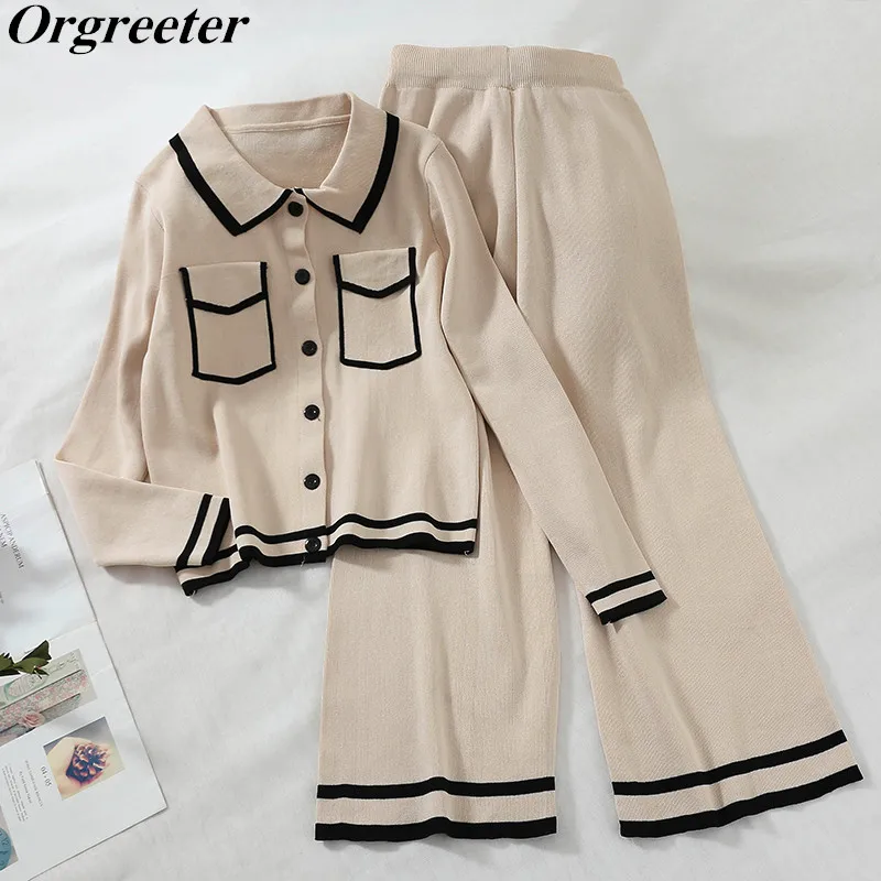 

Elegant Women Autumn Cardigan Wide leg Pants 2 PIece Set Knit Lapel Long Sleeve Single Breasted Sweaters Calf-length Pant Sets