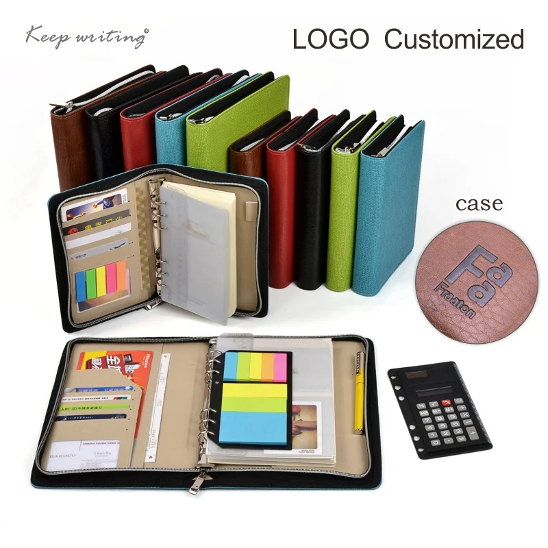 Logo Customized notebook A5 & A6 Business Zipper Bag PU Leather Organizer Planner With Calculator or Memo Pads for white collar