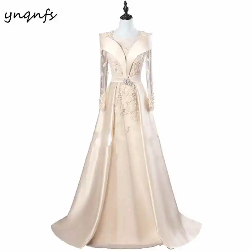 YNQNFS M80 Элегантный Sheer кружево с длинным рукавом синий Мать невесты платья для женщин Свадебная вечеринка ужин вечерние выпускн - Цвет: Шампанское