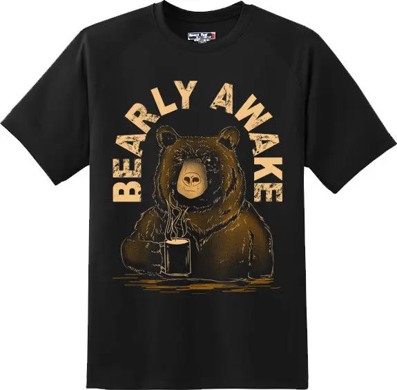 Забавные Bearly проснулся Кофе футболка новый Графический Футболка мужские черные Изделие из хлопка с короткими рукавами футболка в стиле
