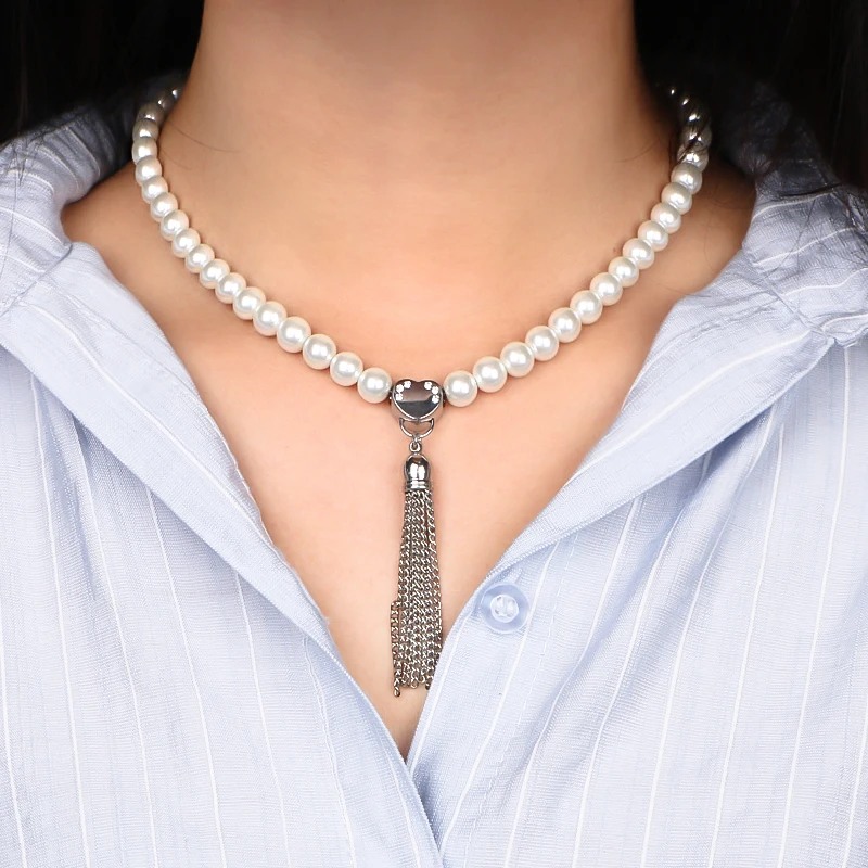 Women Fashion 316L Stainless Steel Pearl Necklace Silver Color Crystal Heart Necklace Designer Tassel Necklace For Jewelry Gift  (5)