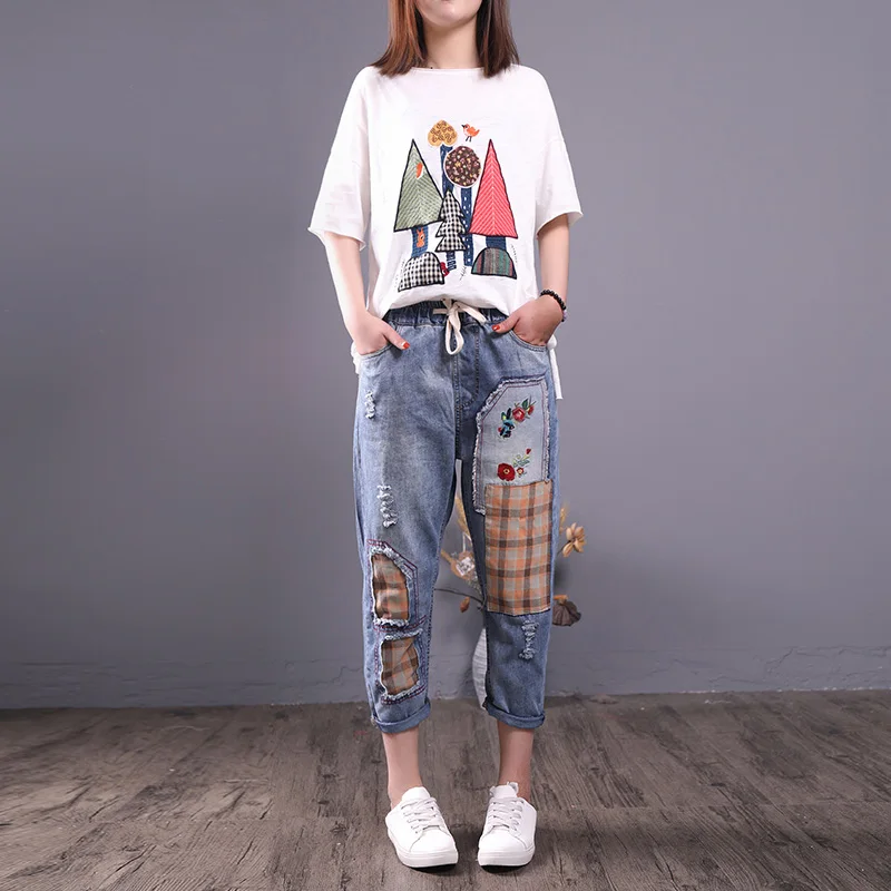 

Ripped Embroidery Boyfriend Jeans for Women High Waist Loose Art Denim Harem Pants Female Patchwork Calf-Length Trousers Jean