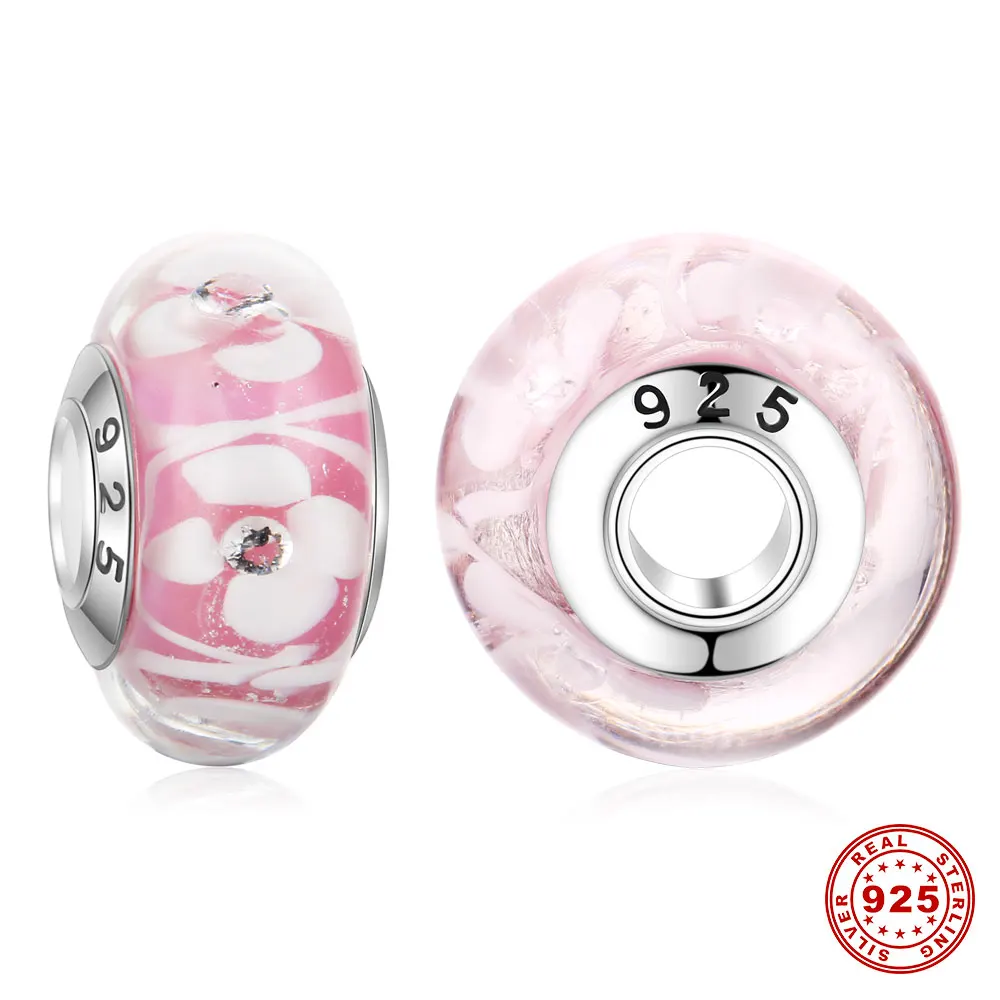 100% 925 SILVER муранского Стекло Бусины розовые цветы core Lampwork Шарм подходят