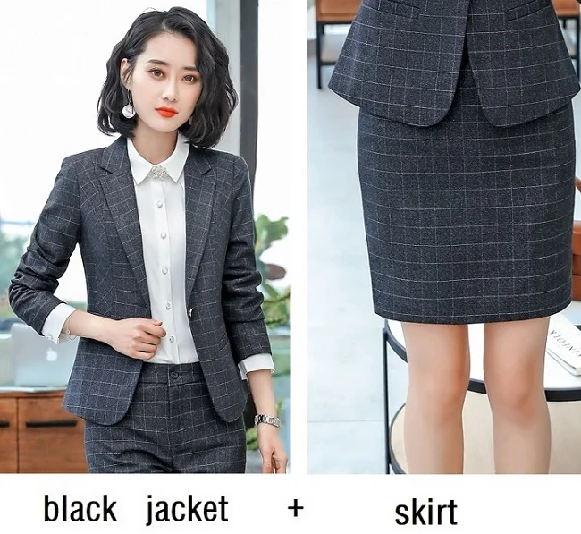 black jacket skirt ACRMRAC женские костюмы тонкая клетчатая куртка брюки OL деловые формальные женские брючные костюмы женский комплект костюмы - Цвет: black jacket skirt