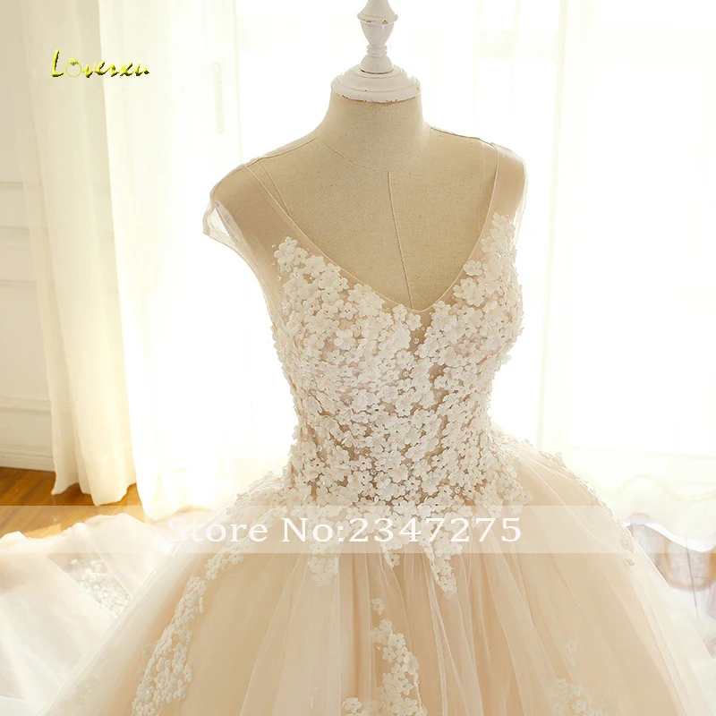 Loverxu Vestido De Noiva Сексуальная Иллюзия V образным вырезом Свадебное платье с цветами чашечки, рукава с бусинами Тюль Линия свадебное платье плюс размеры
