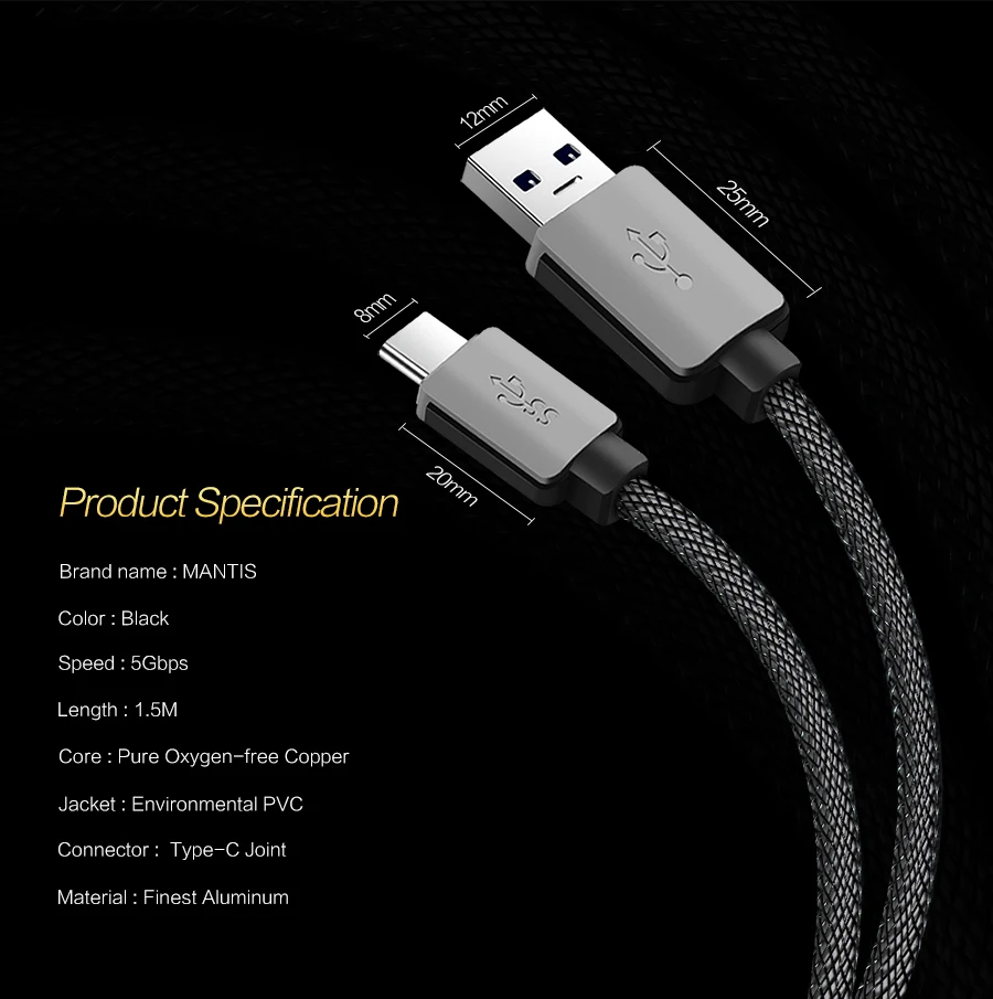 Mantis usb type-C кабель 1 м 3 м USB C 3,1 Быстрая Зарядка синхронизация металлический плетеный кабель для зарядного устройства для Xiaomi huawei One Plus 2 Nexus 5X6 P
