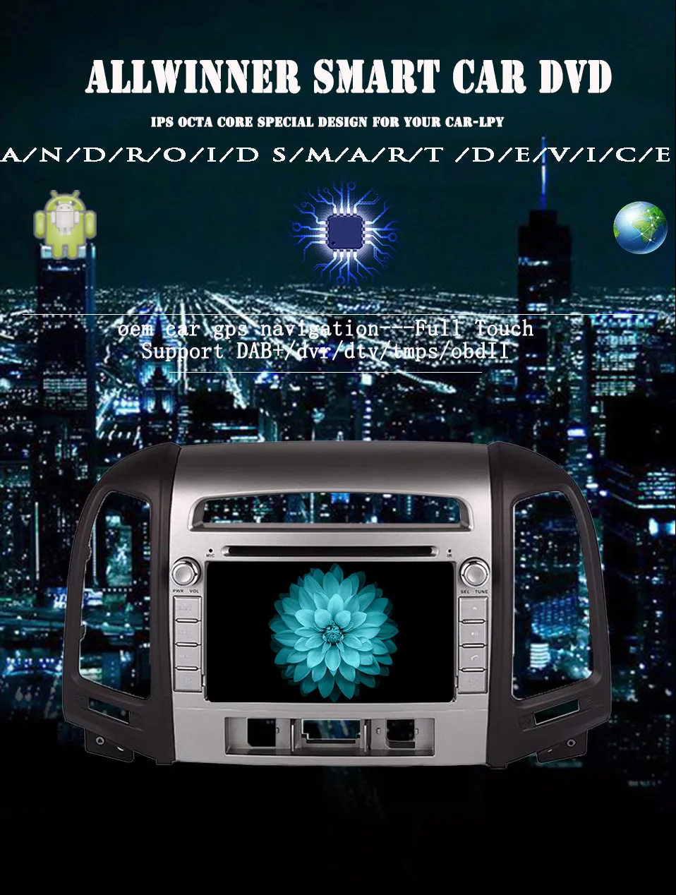 Best 7" 4G 1024*600 Android 9.0 Octa Core 4+64GB Car DVD Radio Stereo GPS For Hyundai SANTA FE 3 Hole 2006 2007 2008 2009-2011 2012 2