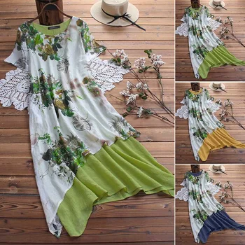 

Women's Print Sundress 2020 ZANZEA Vintage Patchwork Long Dress Bohemian Short Sleeve Flower Midi Vestidos Robe Oversized 5XL