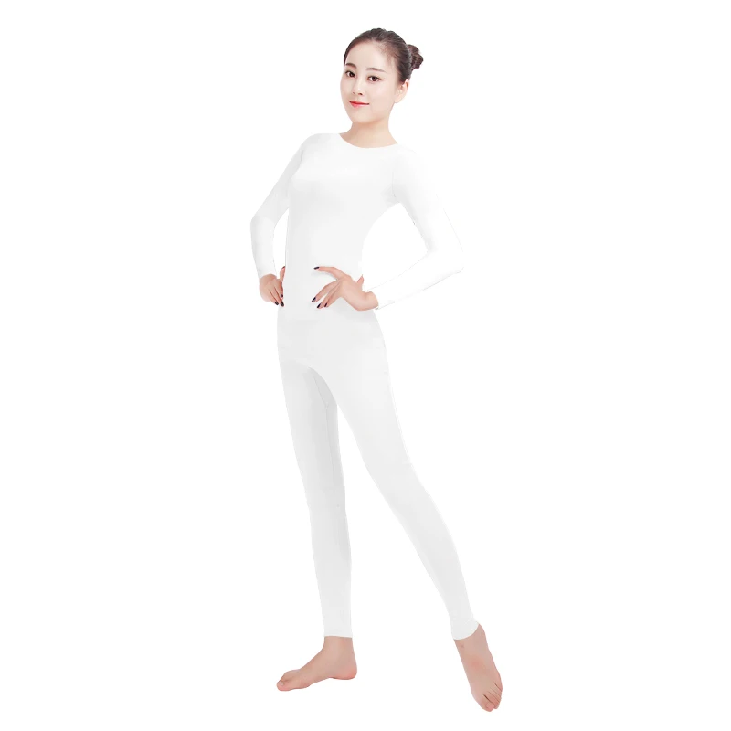 Ensnovo женский балетный комбинезон с длинным рукавом Unitard круглый воротник костюм лайкра нейлон одежда из спандекса для танцев боди гимнастический костюм - Цвет: White