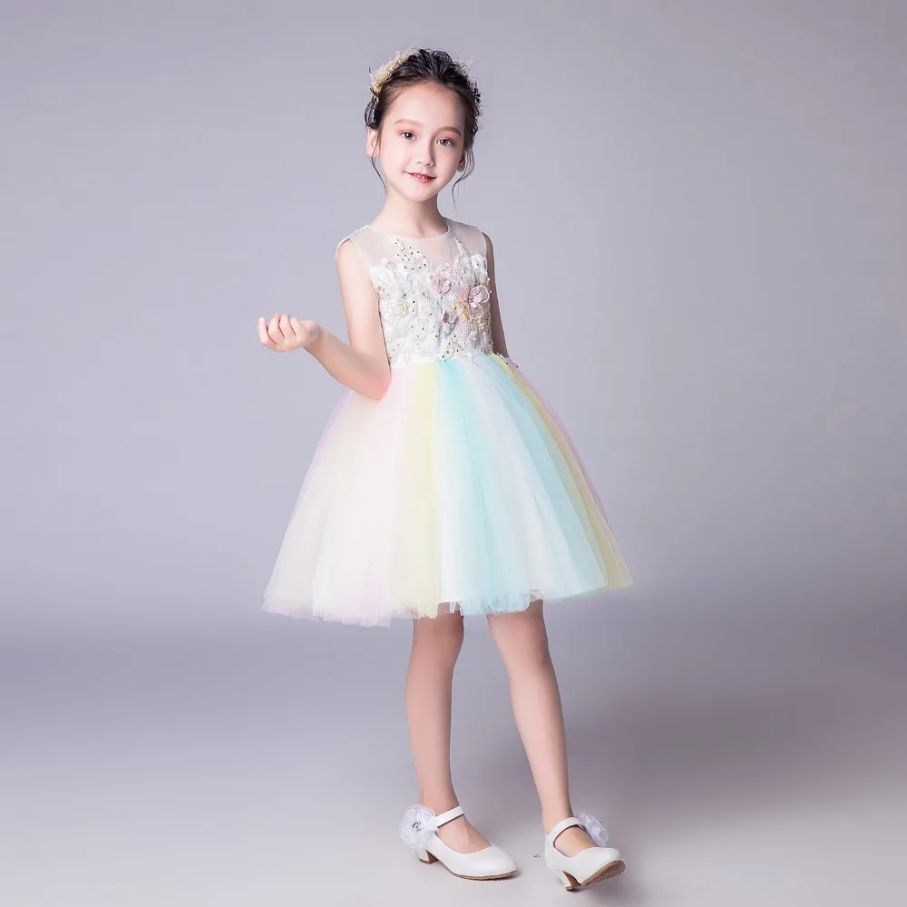 Красочное Радужное платье для девочек подростков элегантное принцессы на день