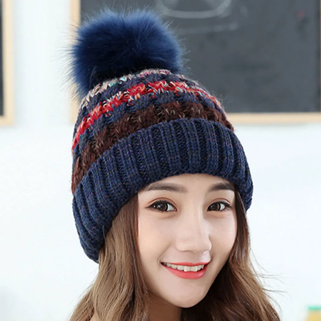 

Autumn Winter Knitted Woolen Cap Women Fur Pompon Beanies Crochet Hat Female Warm Caps Mix Color Women Skullies Beanies