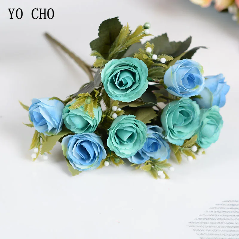 blue YO CHO Свадебный букет из роз для свадьбы цветок подружки невесты искусственный шелк роза шампанское DIY цветочная композиция домашний декор для выпускного вечера - Цвет: blue