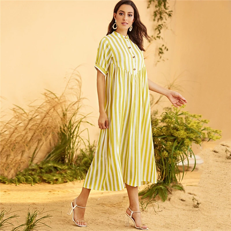 SHEIN, желтое, Полосатое, на пуговицах, половинная планка, макси, скромное платье, женское, лето, Осень, короткий рукав, высокая талия, плиссированные длинные платья