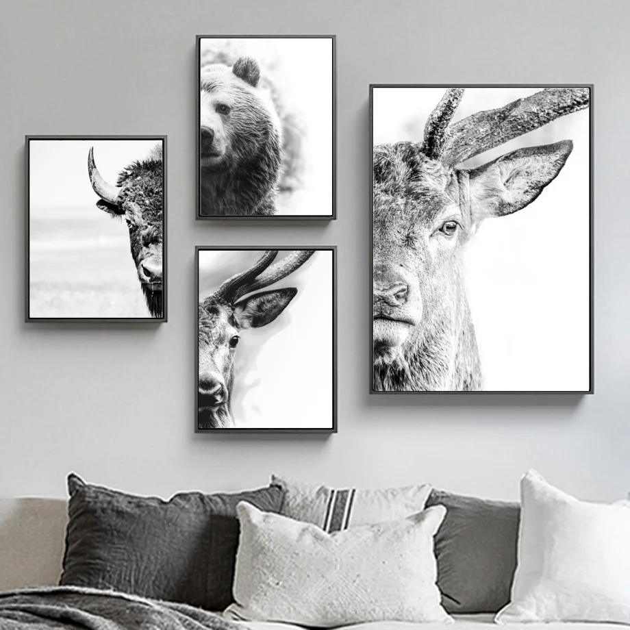 Highland Cow Elk Bear Wolf Wall Art Холст для рисования плакаты на скандинавскую тему и принты черно-белые настенные картины для декора гостиной