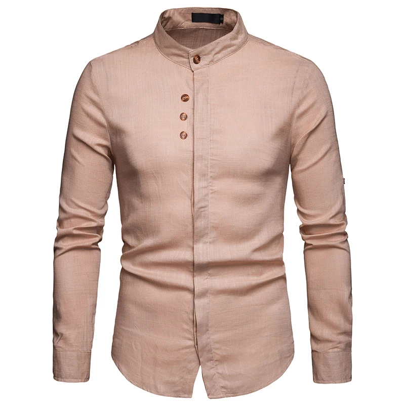 Мужское хлопковое белье рубашки Slim Fit повседневные рубашки с воротником-стойкой с длинными рукавами мужские рубашки топы брендовая одежда EU S-2XL