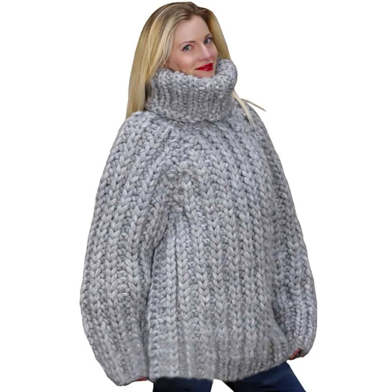 Зима, модный, чистый, ручная работа, Мега толстый свитер, пальто для женщин, зимний, толстый, грубая подкладка, толстый, теплый, с высоким воротником, серый свитер - Цвет: Light grey