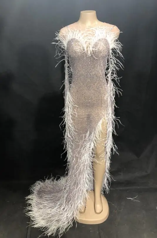 Dress Женская сексуальная пряжа длинное платье белое перо сверкающие кристаллы ночной клуб день рождения сценическая одежда певица шикарное платье костюм - Цвет: Dress