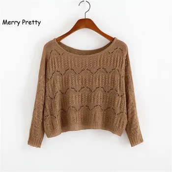 

MERRY PRETTY Autumn New Women Short Sweater Casual Hollow Out Knitted Sweater Crop Top Long Sleeve O-Neck Pullover Crop Sweater