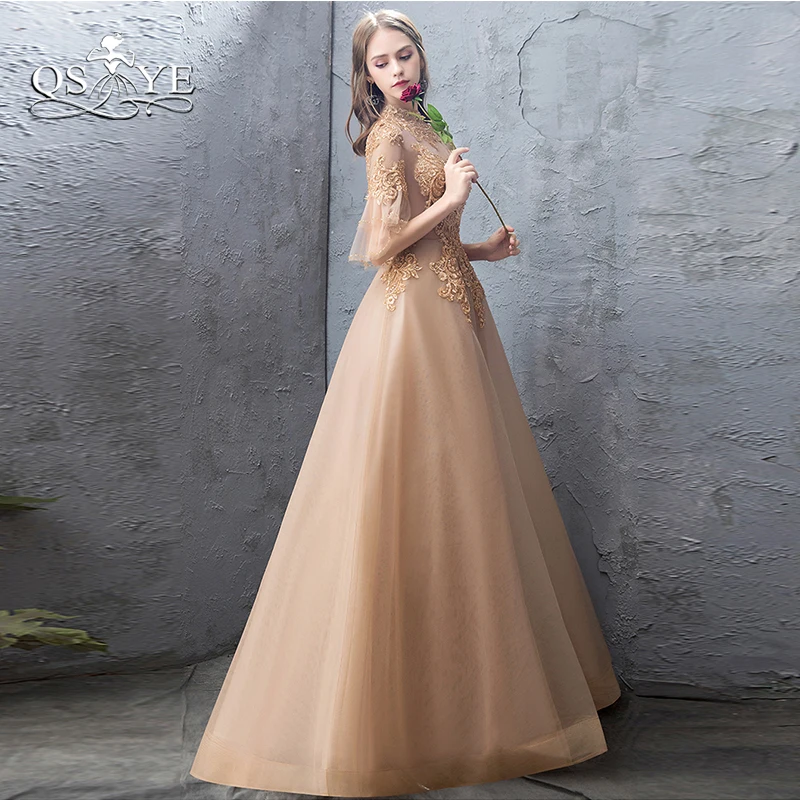 QSYYE Robe de Soiree Золотые Длинные Выпускные платья блестящие бусины длинное, кружевное до пола с фатиновой юбкой женское вечернее платье вечерние платья