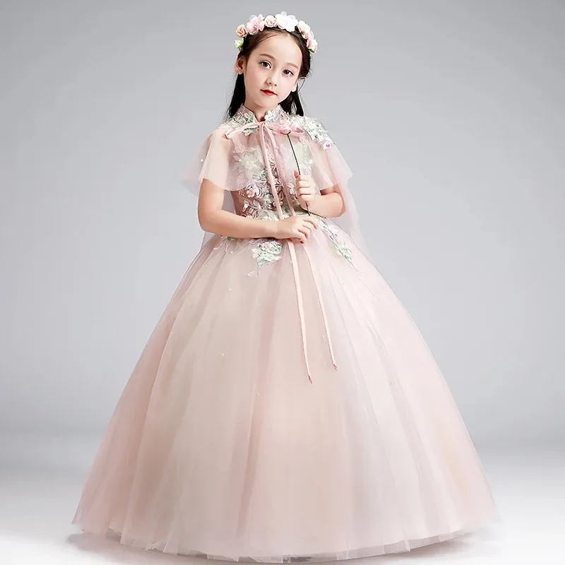 as pic long dress Детское роскошное платье принцессы с вышитыми цветами на день рождения и свадьбу для девочек детское роскошное платье из сетчатой ткани с роялем для подростков - Цвет: as pic long dress