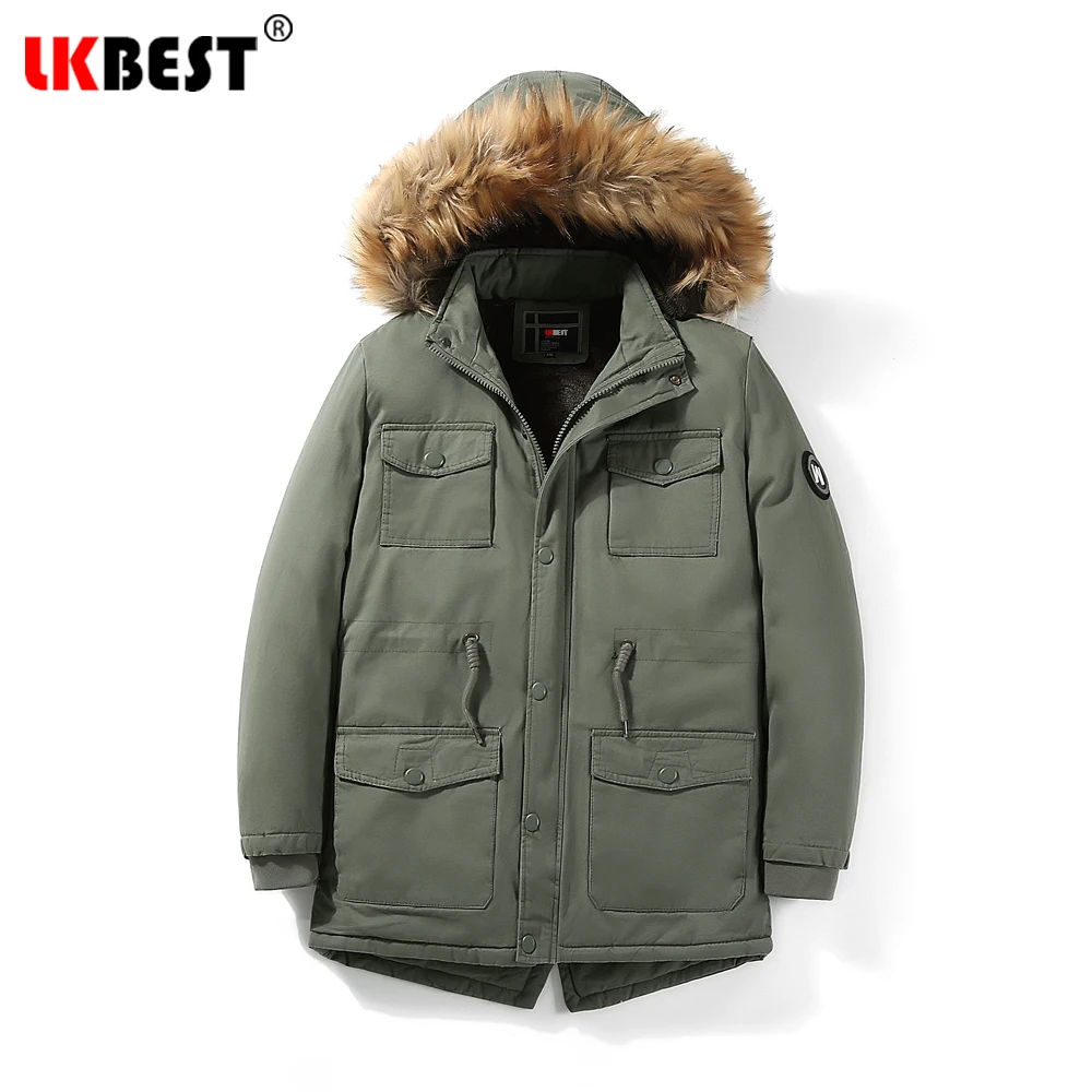 LKBEST новое длинное зимнее пальто Мужская ветровка с меховым капюшоном зимняя куртка мужская Свободная Повседневная Мужская парка Теплая Верхняя одежда Пальто PW668