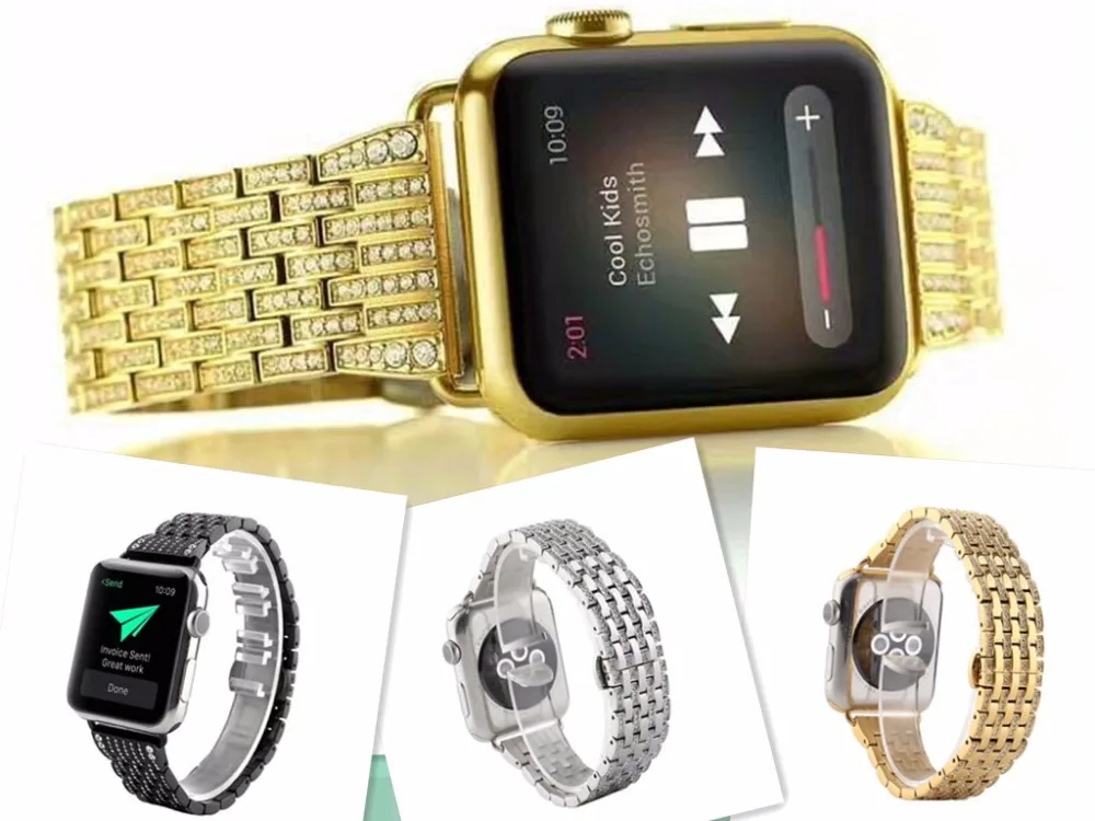 Luxury Crystal Rhinestone Diamond Watch Bands for Apple Watch Bands 38mm 42mm Series 1 Series 2 Crystal Shining Gold Strap