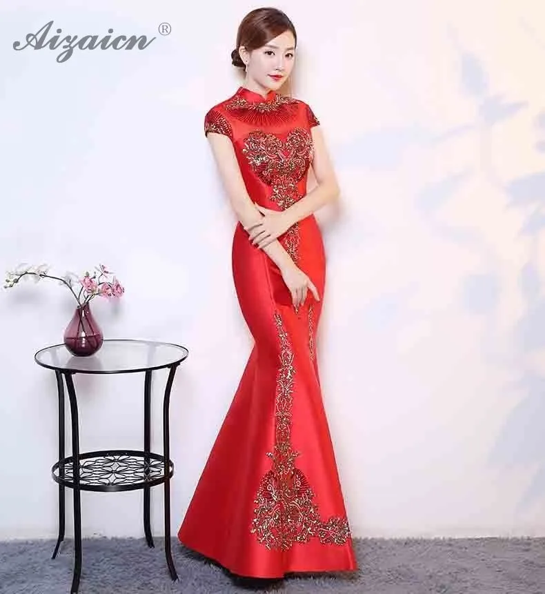 Современный зеленый вышивка Cheongsam хвост русалки Длинные Qipao Fsahion платья с блестками женское китайское вечернее платье Восточный стиль