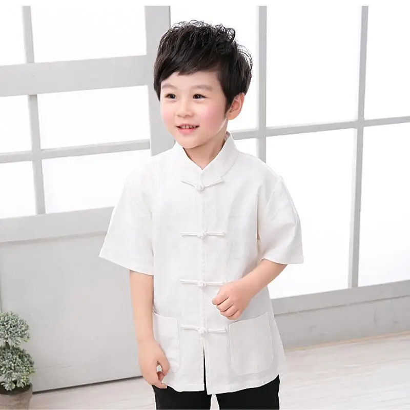 white kids shirt Коллекция года, летняя одежда для маленьких мальчиков-подростков в китайском стиле хлопковые льняные рубашки для мальчиков детская одежда с короткими рукавами Топы, JW8101 - Цвет: white kids shirt