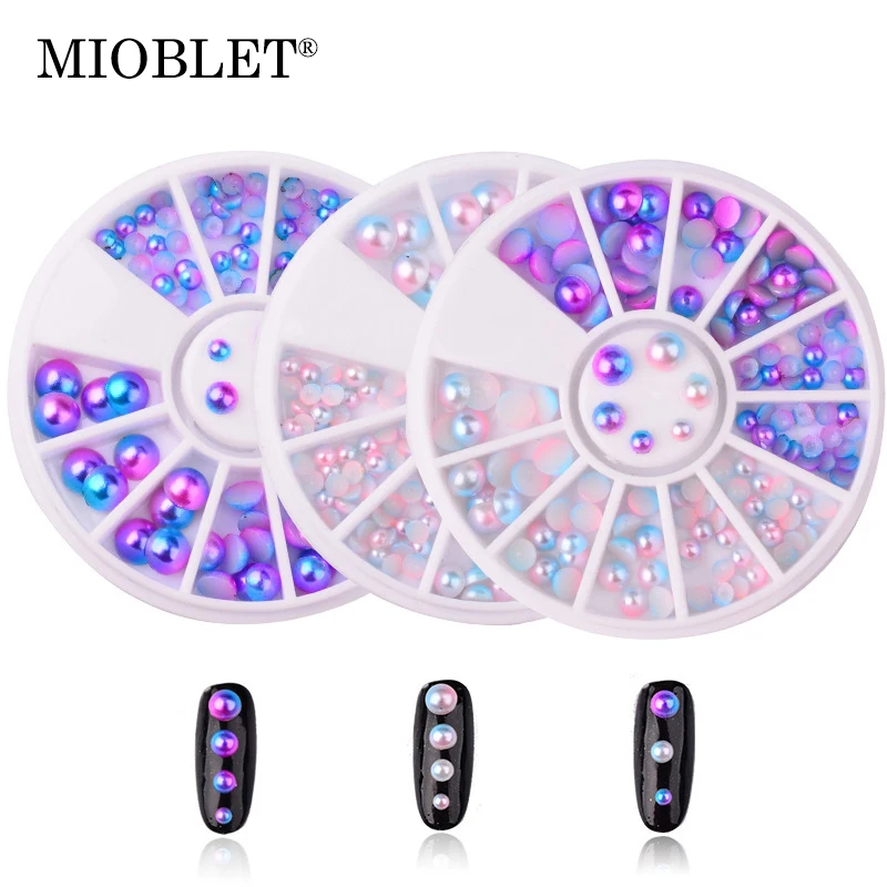 

1 Box Mixed Size Colorful Mermaid Pearl Bead Nail Art Decoration In Wheel Blue Pink Gradient Semicircle 3D Nail Studs Rhinestone