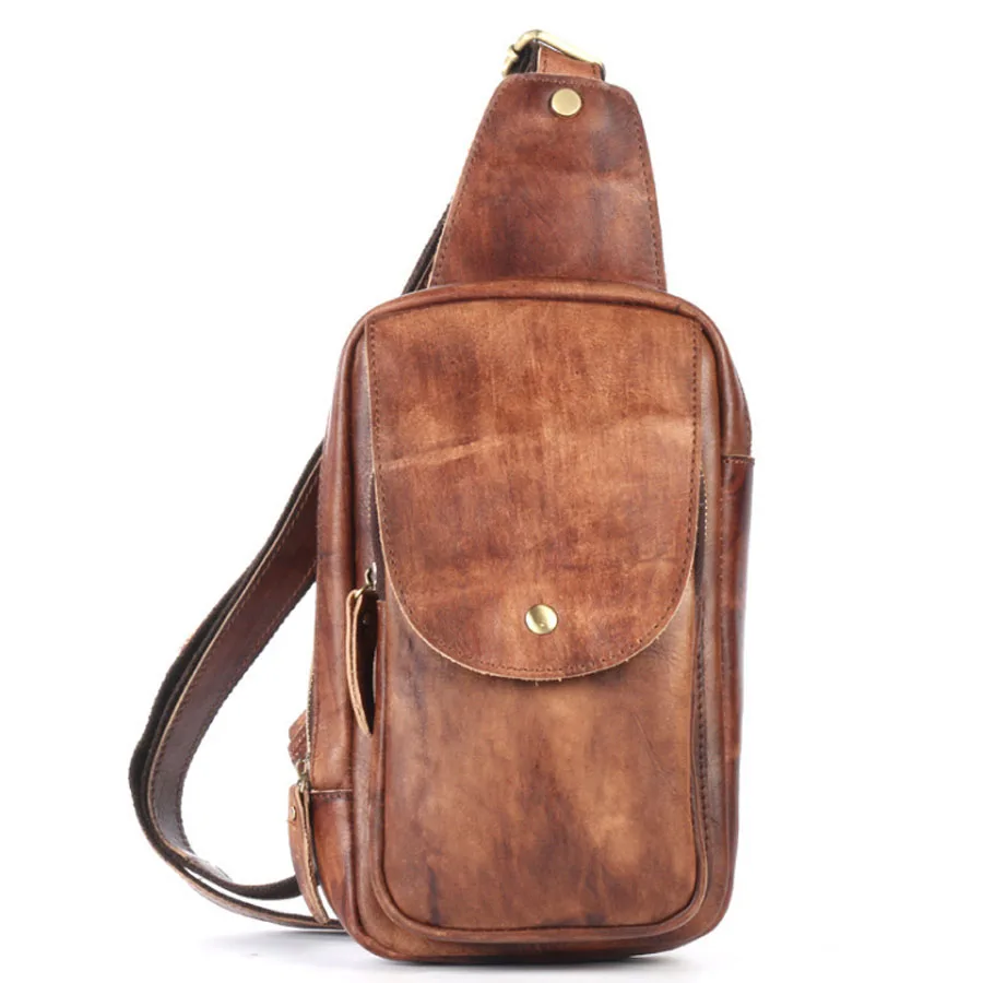 

Men Genuine Leather Messenger Shoulder Cross Body Bag Travel Male First Layer Cowhide Sling Chest Back Pack