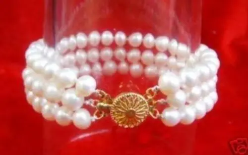 ГОРЯЧЕЙ продать Стиль>>>> Подлинная Белый Жемчуг 6-7 ММ Красивая 3 Ряда White Pearl Браслет 7.5"