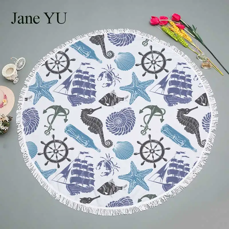 JaneYU round beach towel starfish shell style picnic mat tassel tapestry around bath towel curtain mat yoga mat qualitiy