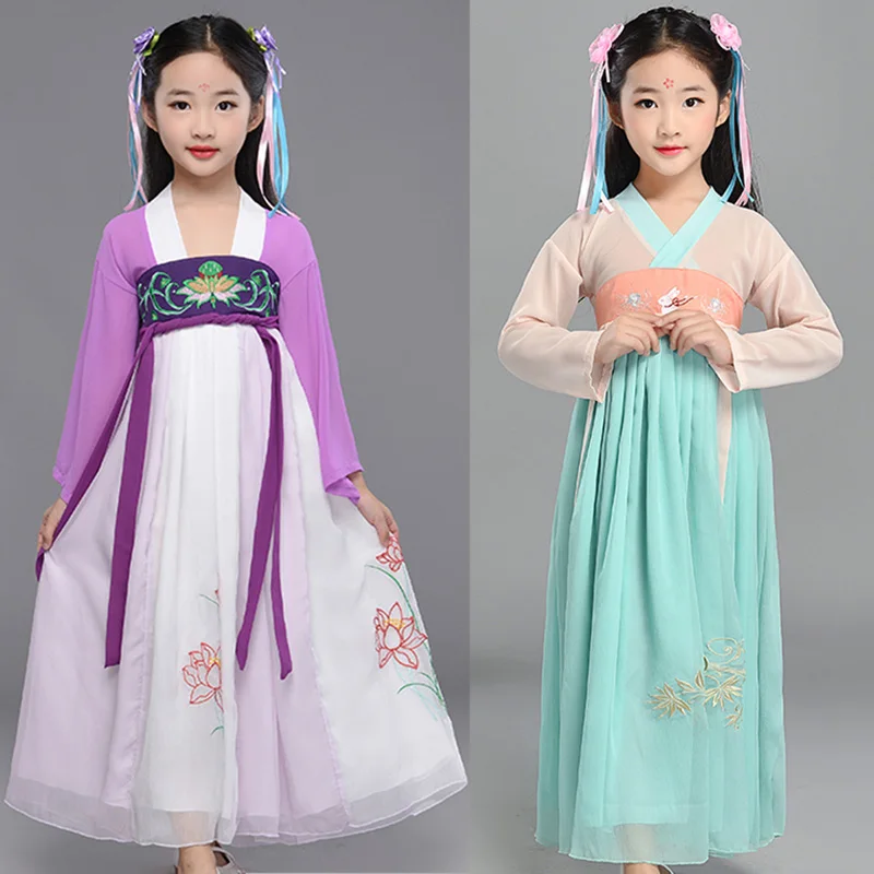 Hanfu/костюм для девочек; юбка в китайском стиле; сказочные костюмы; народное платье в древнем стиле; Детские платья для сцены; традиционная одежда; DN3489