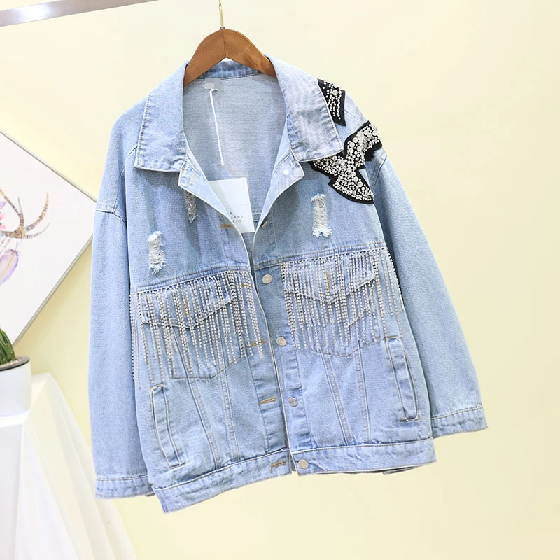 2019 Autumn Women Denim Jacket Tassel Diamond Oversized Loose Long sleeve Jeans Casual Coat Female Jaqueta Feminina | Женская одежда