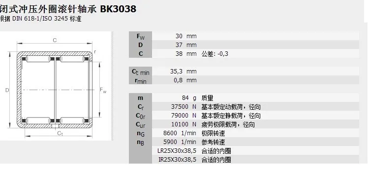 BK3038 Игольчатые роликовые подшипники с закрытым концом размер 30*37*38 мм