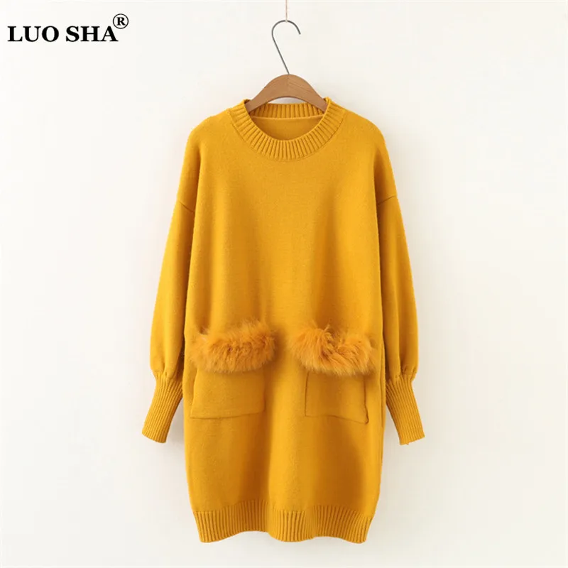 yellow LUOSHA, осенне-зимний женский свитер, пуловеры для женщин, с круглым вырезом, с рукавом латерн, с меховым карманом, Свободное длинное трикотажное платье, Pull Feme - Цвет: yellow