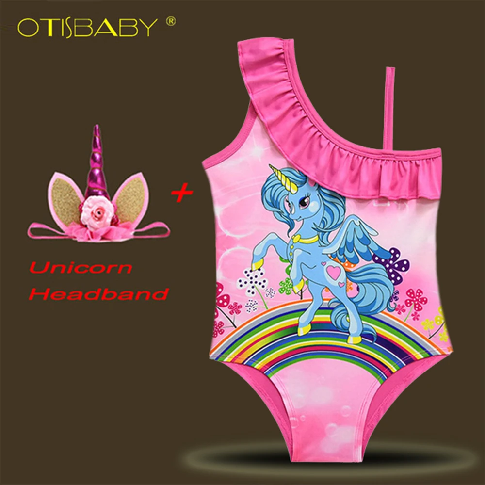 

2018 Cute Girls Unicorn Swimwear Girls Pony Printed One Piece Swimsuit Children Halter Swimwear Summer Bikini Unicorn Headband