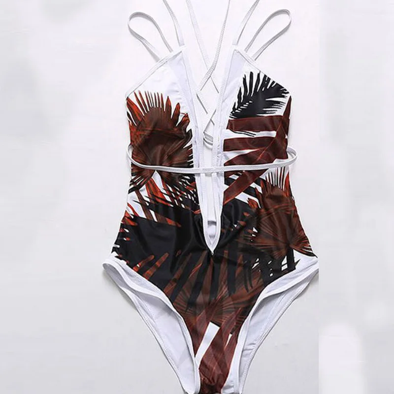 Женский купальный костюм цельный с высокой талией 2020 сексуальный листьями