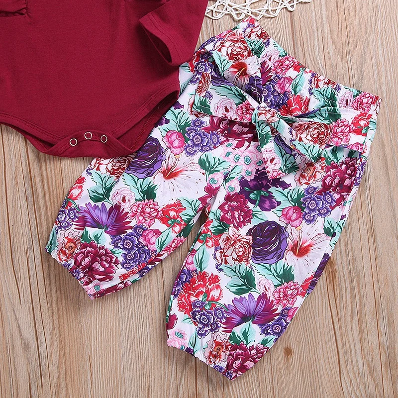3Pcs Newborn Baby Girls Clothing Set Tops Romper+ Floral Pants Headband Outfits Set Clothes 0-18M