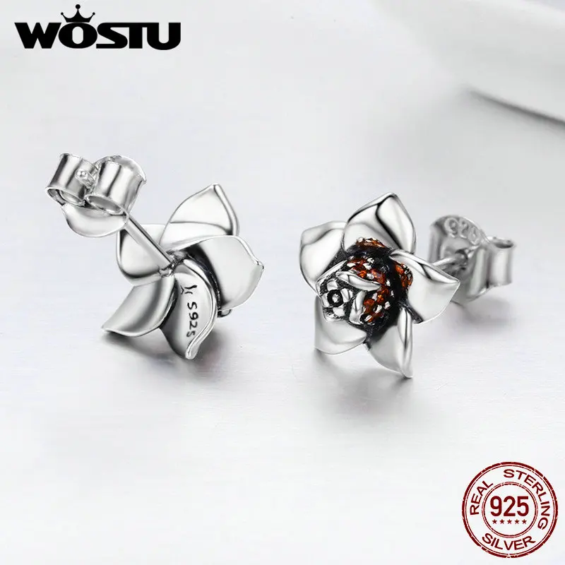 WOSTU, новинка, 925 пробы, серебряные, гардения, цветы, серьги-гвоздики для женщин, Стерлинговое Серебро, ювелирное изделие, подарок для влюбленных, CQE300