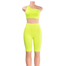 Вязаный комплект из двух предметов, укороченный топ с шортами, летняя одежда для женщин, комплект из 2 предметов, Клубная одежда с одним плечом, комплект из двух предметов